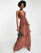 Asos Design Cami Maxi Dress With Open Back And Circle Trim In Chocolate-brown