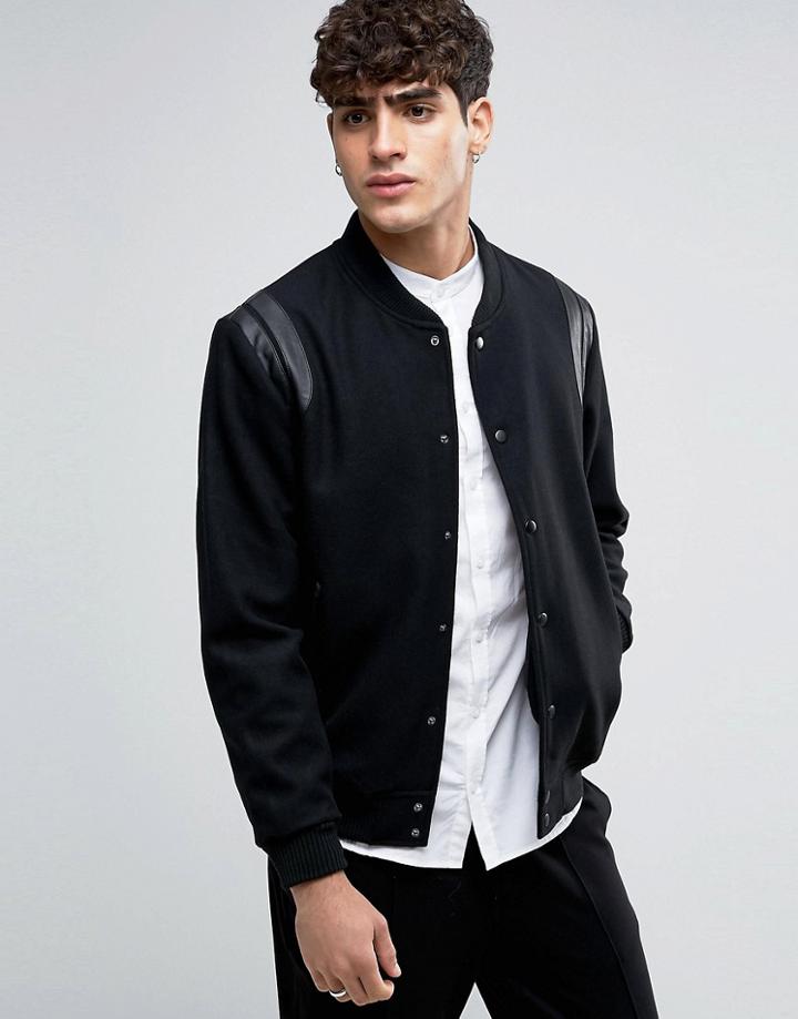 Selected Homme Varsity Bomber With Leather Shoulder Trims - Black