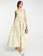 Asos Design Shirred Maxi Sundress With Tiers In Lilac And Lemon Check-multi