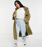 Asos Design Curve Longline Parka In Khaki-neutral