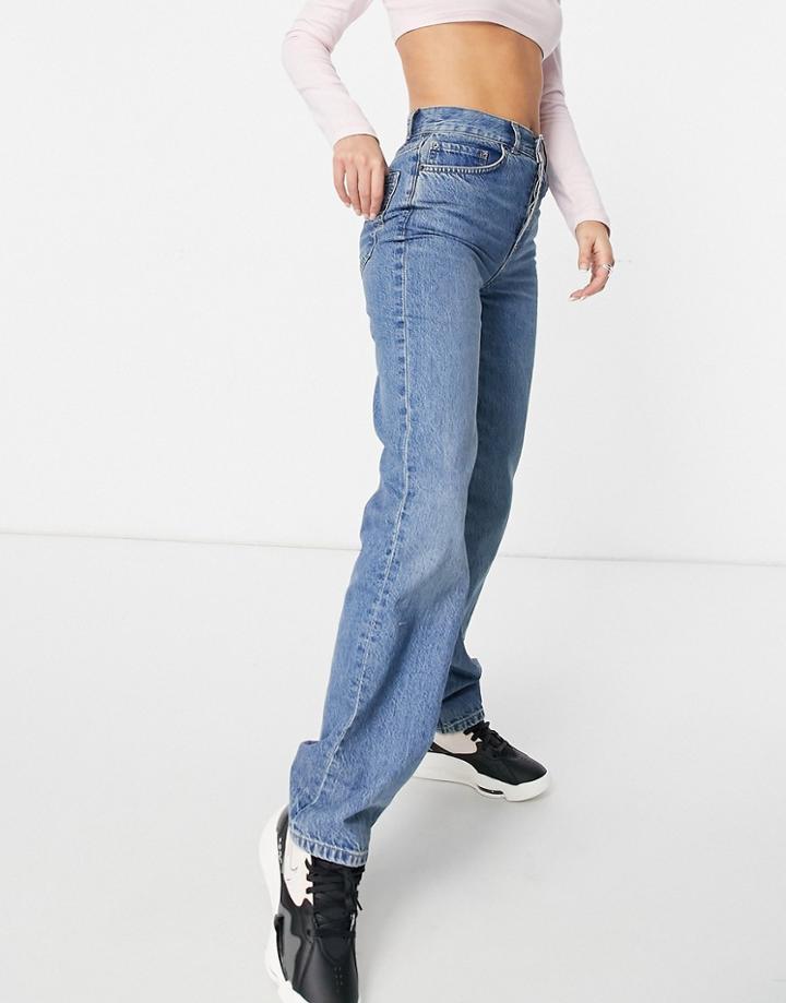 Asos Design Organic Mid Rise '90s' Straight Leg Jeans In Midwash-blues