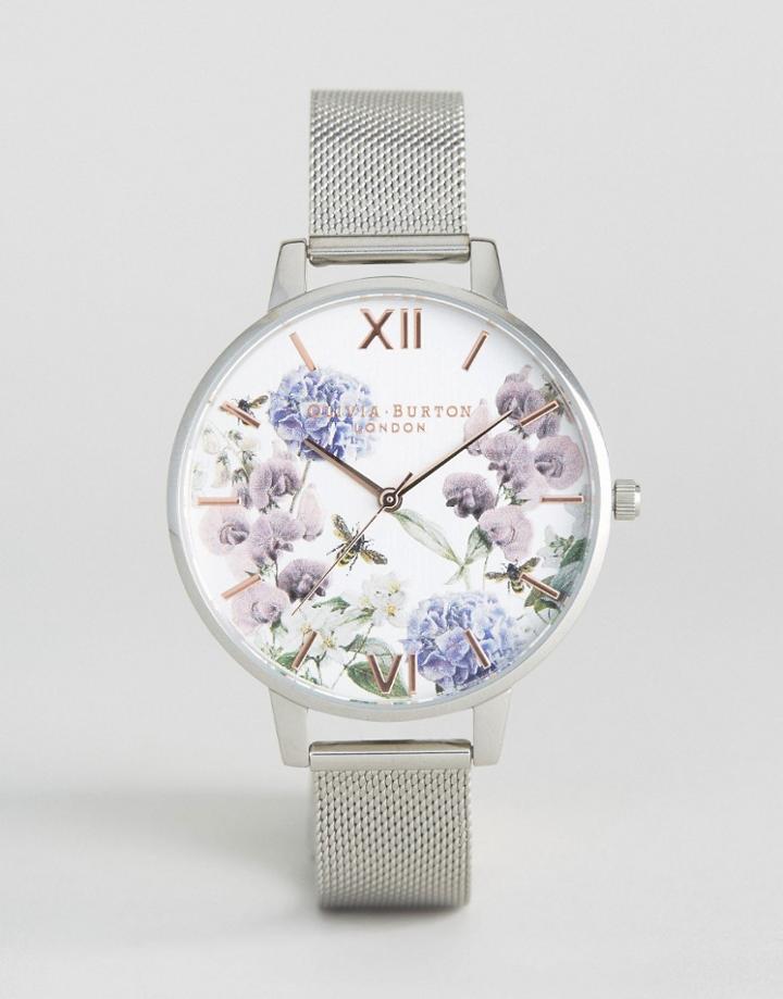 Olivia Burton Parlour Be Floral Silver Mesh Watch - Silver