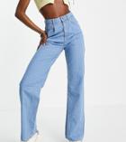 Asos Design Tall High Rise 'relaxed' Dad Jeans With Pleated Fronts In Midwash-blues