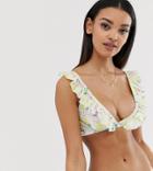 Peek & Beau Fuller Bust Exclusive Eco Floral Stripe Bikini Top With Ruffle In Yellow D - F Cup - White