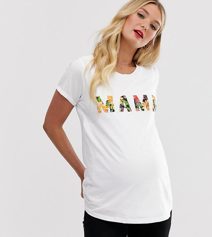 Asos Design Maternity Nursing Mama Slogan T-shirt With Floral Handwriting - White