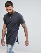 Asos Design Super Longline Raw Edge T-shirt With Side Splits In Washed Black - Black