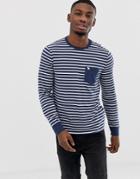 Abercrombie & Fitch Stripe Icon Logo Pocket Long Sleeve Top In Navy/white - Navy