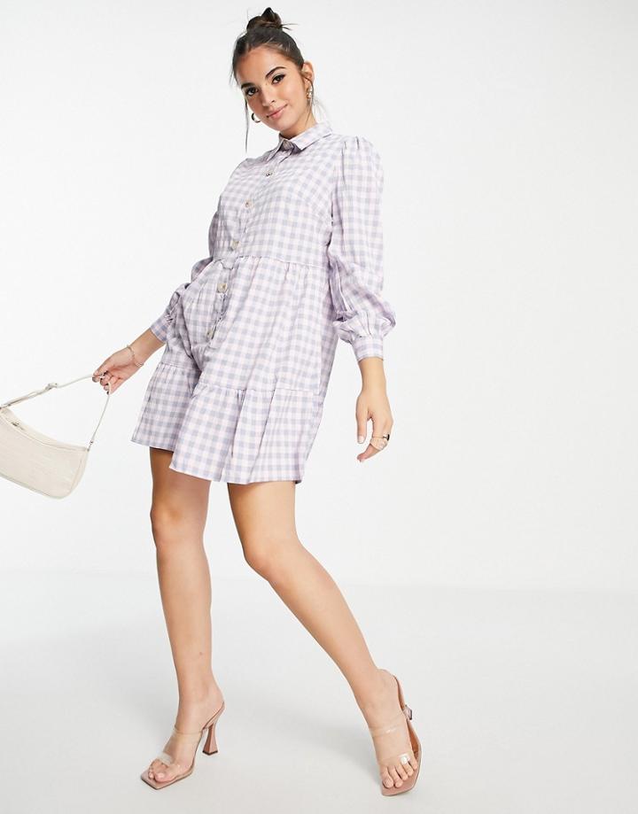 Lola May Tiered Shirt Dress In Lilac Gingham-multi