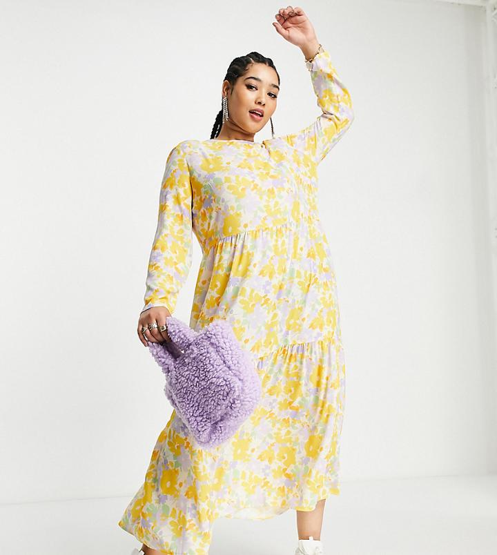 Asos Design Curve Long Sleeve Tiered Smock Midi Dress In Bright Floral Print-multi