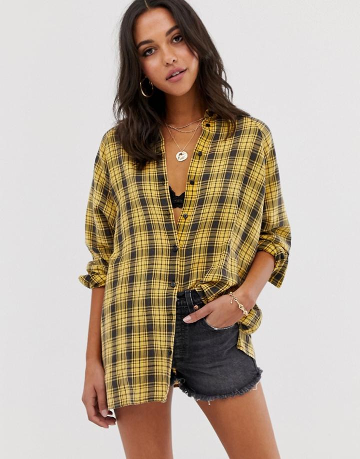 Asos Design Long Sleeve Boyfriend Shirt In Yellow Check-multi