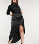 Flounce London Plus Gathered Satin Midaxi Skirt With Thigh Slit In Black