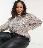 Chi Chi London Plus High Neck Sequin Top In Silver