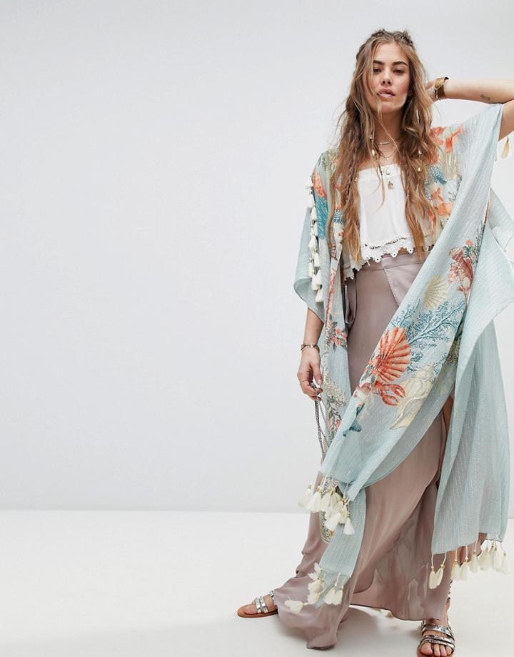 Aratta Maxi Kimono With Tassel Trim In Ocean View Print - Multi