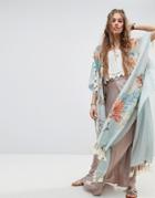 Aratta Maxi Kimono With Tassel Trim In Ocean View Print - Multi