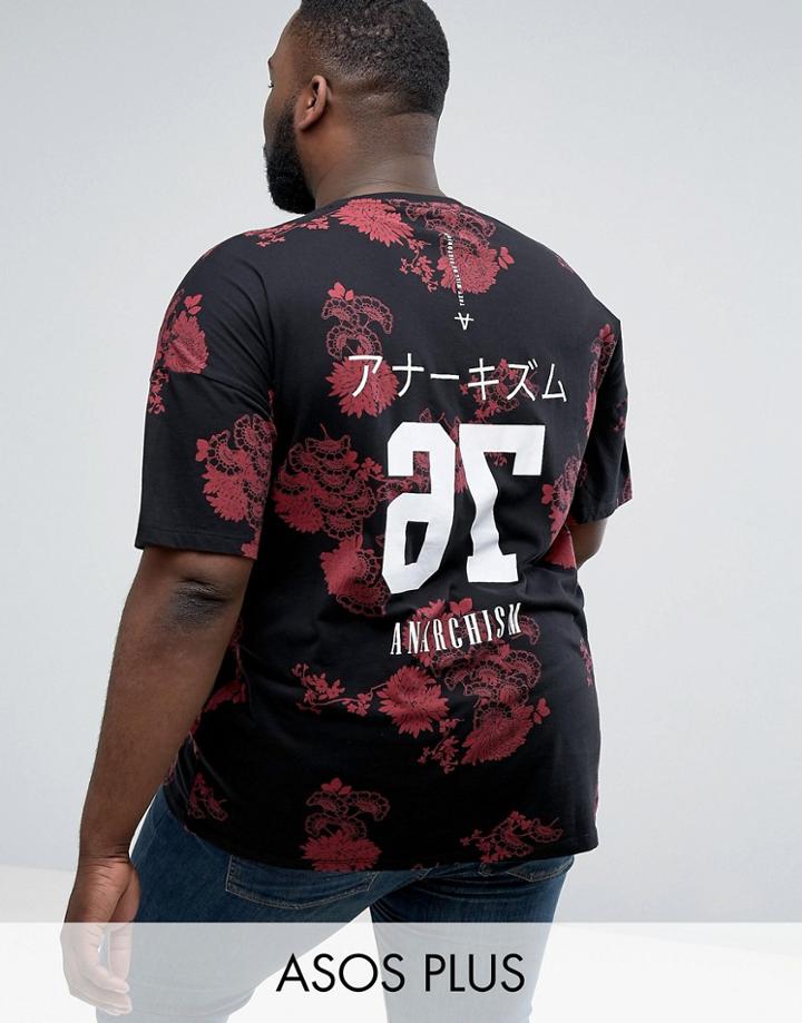 Asos Plus Oversized Longline T-shirt With Floral All Over Print And Text Back Print - Black