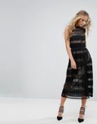 Foxiedox Lace Insert Midi Dress With High Neck - Black