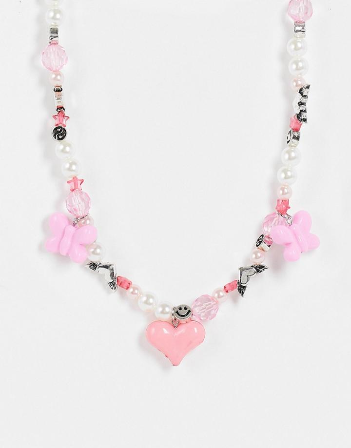 Asos Design Faux Pearl Necklace With Puff Butterfly And Heart Beads-multi