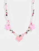 Asos Design Faux Pearl Necklace With Puff Butterfly And Heart Beads-multi