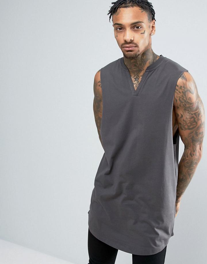Asos Super Longline Sleeveless T-shirt With Notch Neck - Black