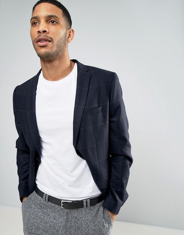 Minimum Wool Blend Slim Fit Check Jacket - Navy