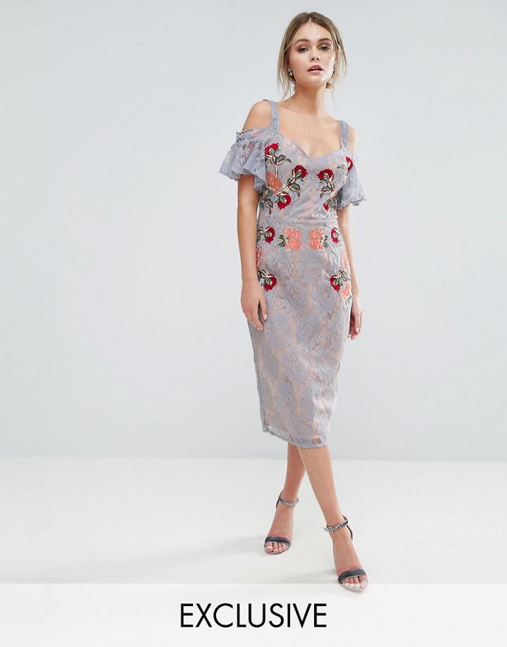 Hope & Ivy Embroidered Lace Midi Dress With Constrast Straps And Tie Cold Shoulder - Blue