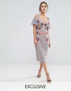 Hope & Ivy Embroidered Lace Midi Dress With Constrast Straps And Tie Cold Shoulder - Blue