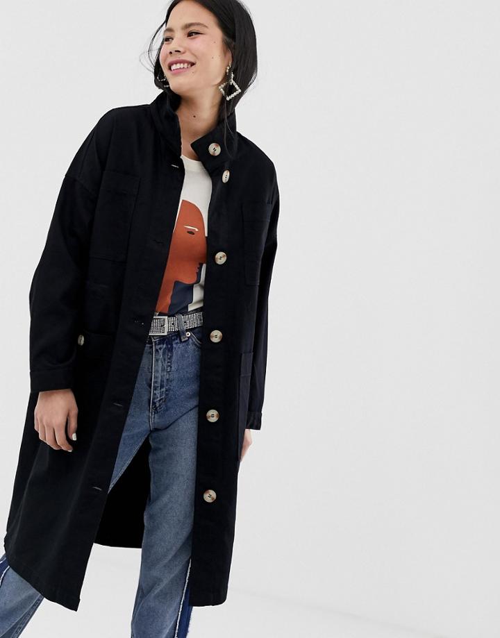 Monki Midi Lightweight Coat With Oversized Pockets In Black - Black