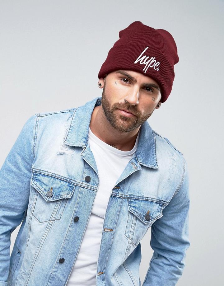 Hype Beanie In Burgundy With Script Logo - Red
