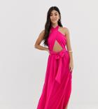 Asos Design Petite Cross Neck Split Front Maxi Dress In Pink - Pink
