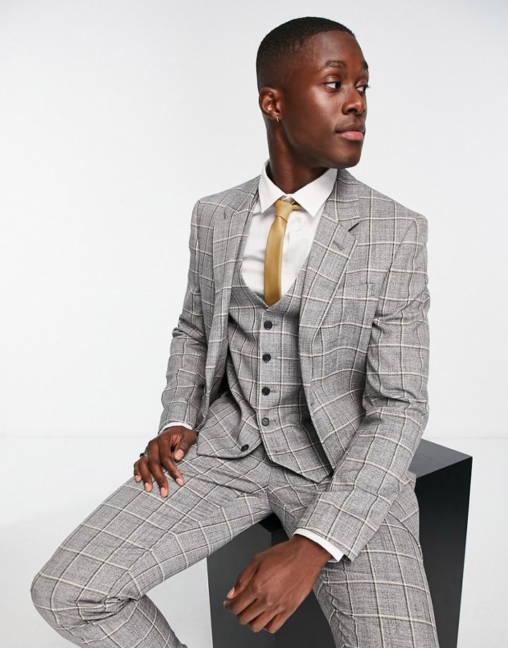 River Island Plaid Suit Jacket In Gray