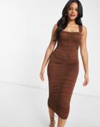 Asos Design Sweetheart Neckline Ruched Midi Body-conscious Dress In Chocolate-brown
