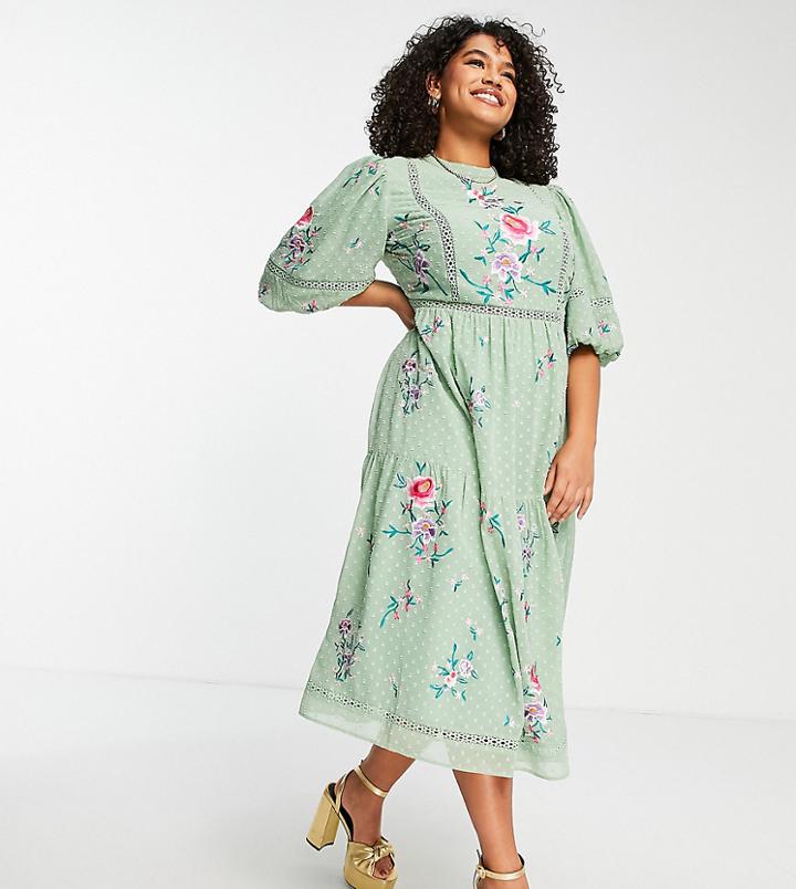 Asos Design Curve High Neck Textured Embroidered Midi Dress With Lace Trims In Soft Green