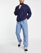 Asos Design Straight Leg Pleated Jeans In Mid Wash Blue-blues