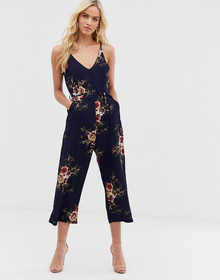 Ax Paris Floral Culotte Jumpsuit - Navy