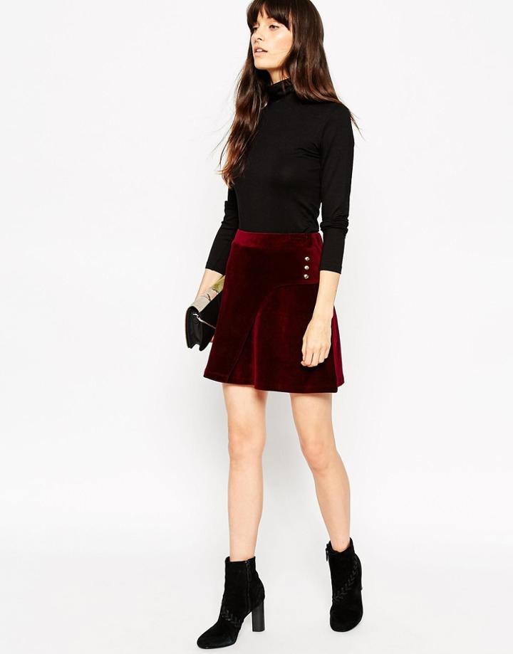Asos Cord A-line Skirt With Curved Button Wrap - Oxblood