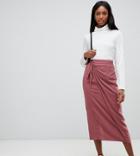 Asos Design Tall Wrap Front Midi Skirt With Tie Front-pink