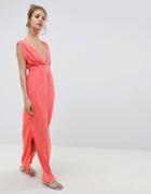Asos Design Deep Plunge Plisse Maxi Dress - Pink