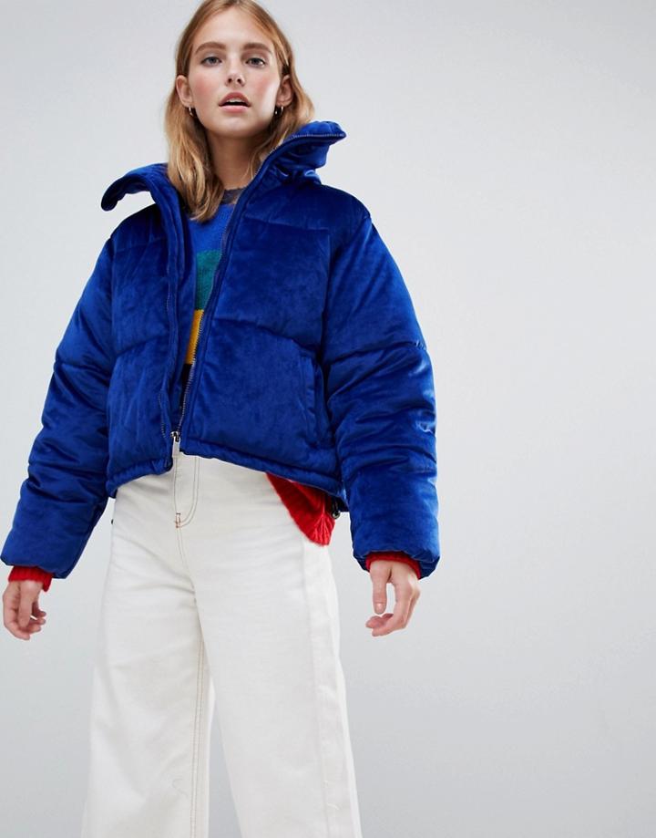 Brave Soul Ramblin Padded Coat In Velvet - Blue