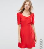 Asos Tall Woven 3/4 Sleeve Tea Dress With Sweetheart Neckline - Red