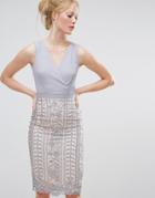 Little Mistress Crochet Lace Wrap Front Midi Bodycon Dress - Gray