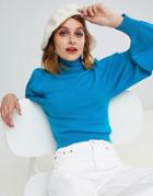 Asos Design Eco Crop Roll Neck Sweater In Volume Sleeve - Blue