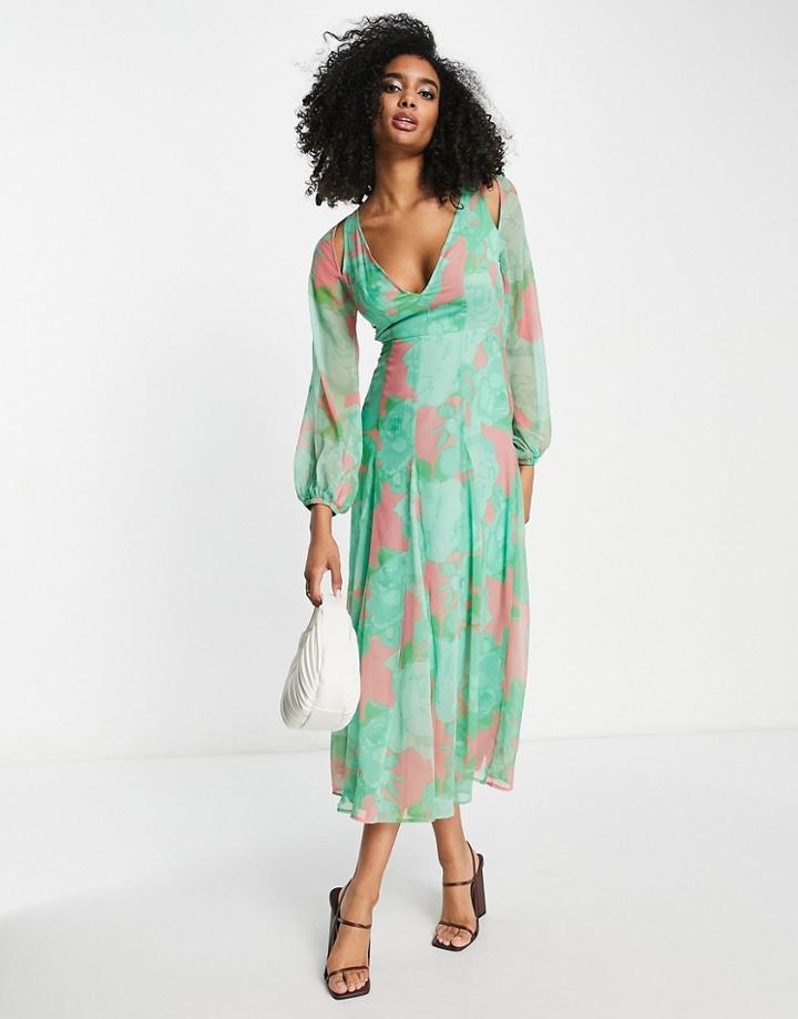 Asos Design Longsleeve Backless Cutout Maxi Dress With Godets In Abstract Floral Print-multi