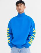 Noak High Neck Sweater In Blue With Branded Sleeve