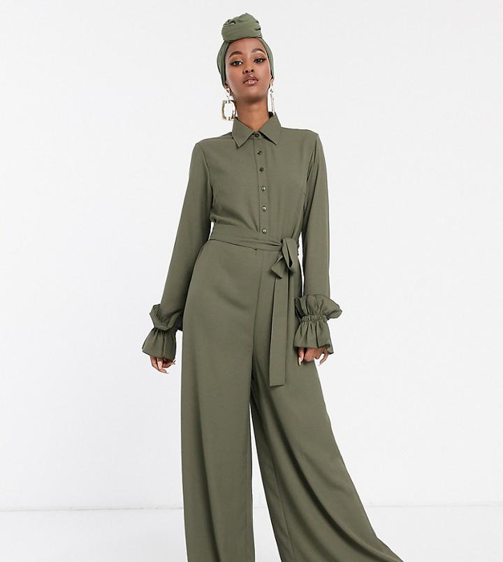 Verona Long Sleeve Jumpsuit With Frill Sleeves In Khaki