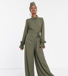 Verona Long Sleeve Jumpsuit With Frill Sleeves In Khaki