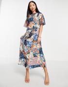 Influence Flutter Sleeve Midi Dress In Mixed Floral Print-multi