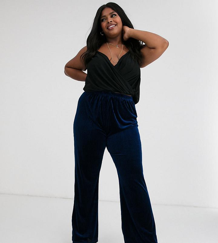 Glamorous Curve Wide Leg Pants In Velvet Rib-navy