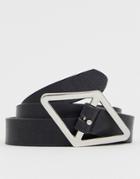 Asos Design Faux Leather Skinny Belt In Black With Diamond Buckle - Black