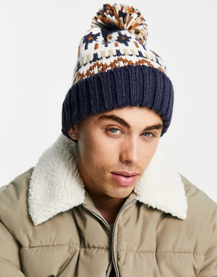 Boardmans Knitted Fairisle Pom Beanie In Navy