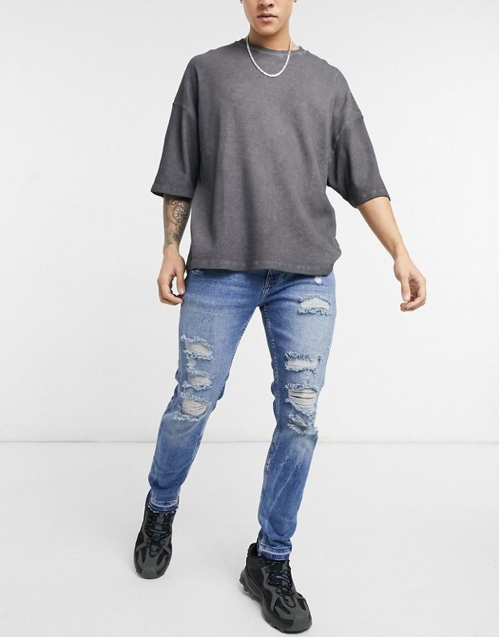 Bershka Skinny Fit Jeans With Rips In Mid Blue-blues